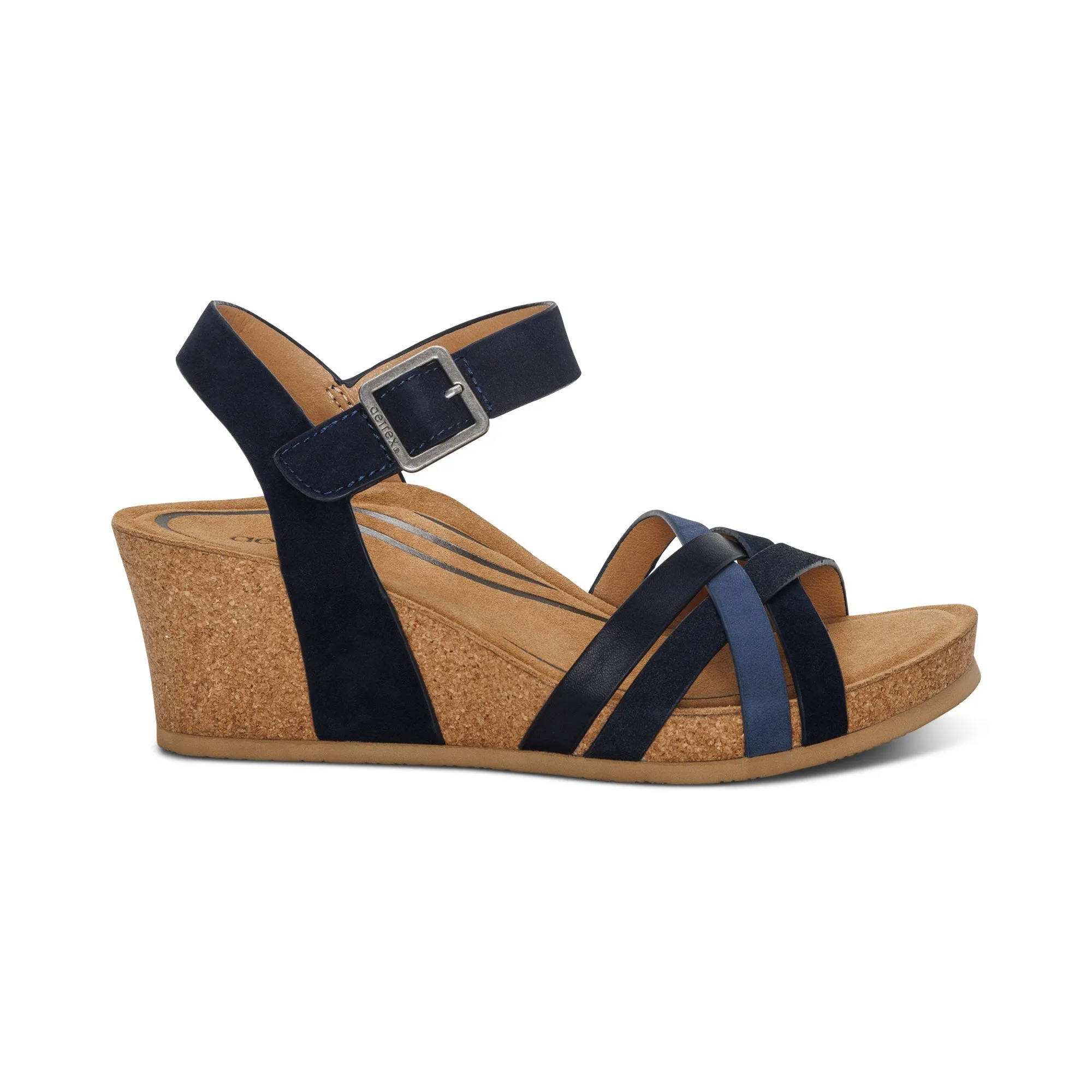 Aetrex Women's Noelle Cork Wedge Sandal Navy Multi