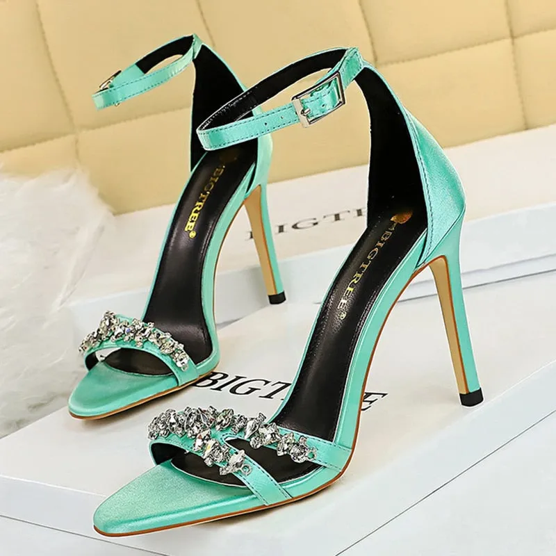 Amozae-2024 Summer Women 10.5cm High Heels Sandals Crystal Buckle Blue Green Heels Silk Suede Sandals Wedding Bridal Pumps Fetish Shoes