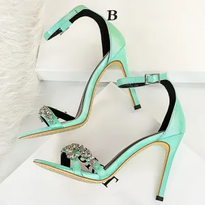 Amozae-2024 Summer Women 10.5cm High Heels Sandals Crystal Buckle Blue Green Heels Silk Suede Sandals Wedding Bridal Pumps Fetish Shoes