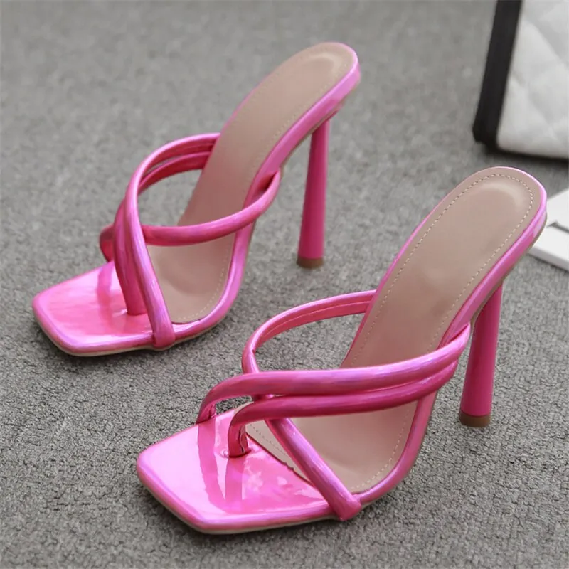 Amozae-2024Women Slides 11.5cm High Heels Mules Summer Female Square Flip Flops Sandals Lady Neon Green Peach Heels Slippers Shoes