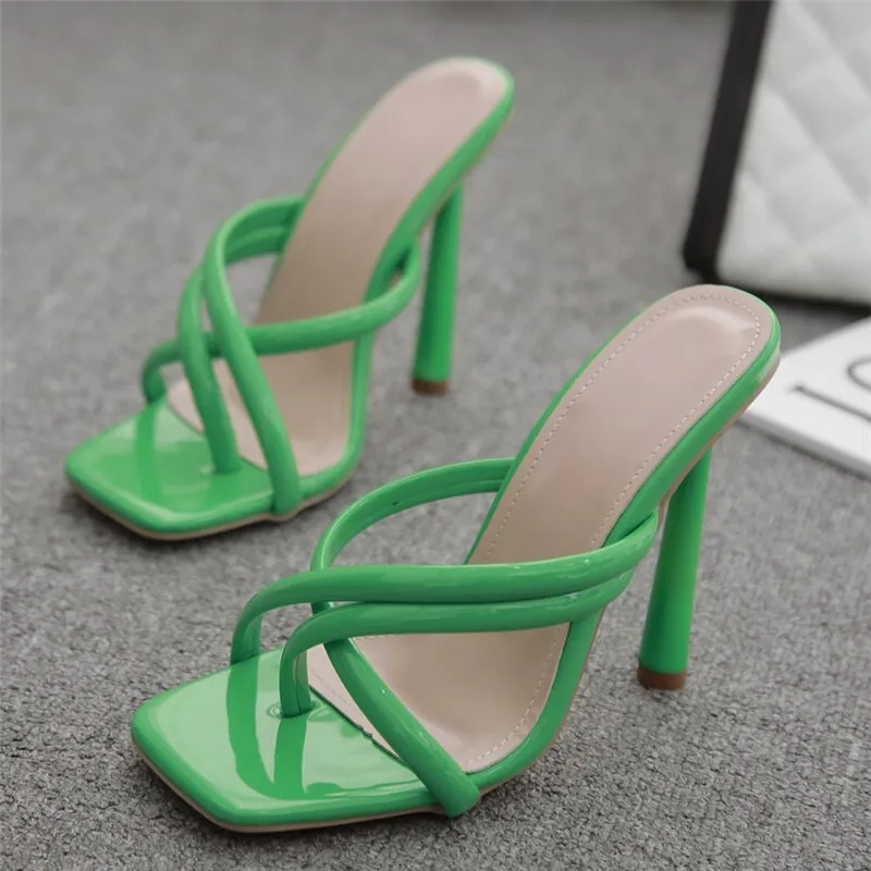 Amozae-2024Women Slides 11.5cm High Heels Mules Summer Female Square Flip Flops Sandals Lady Neon Green Peach Heels Slippers Shoes