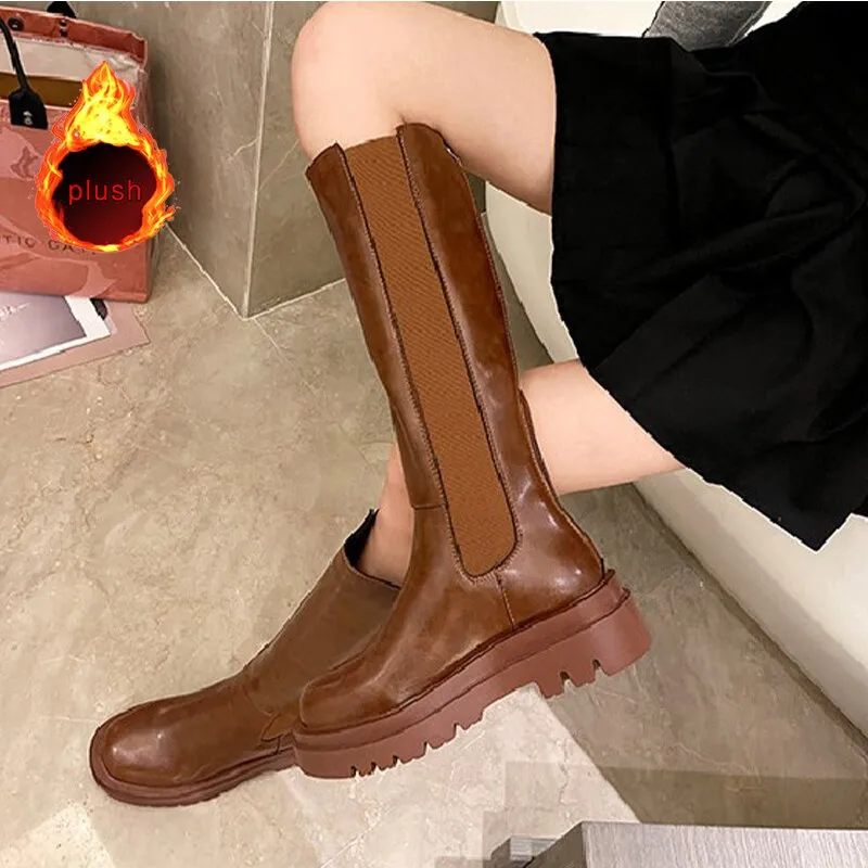 Amozae-Women Long Boots Knee high Shoes Chunky Heels Autumn Winter Brand Designer Chelsea Platform Boots Fashion Ladies Footwear 2024