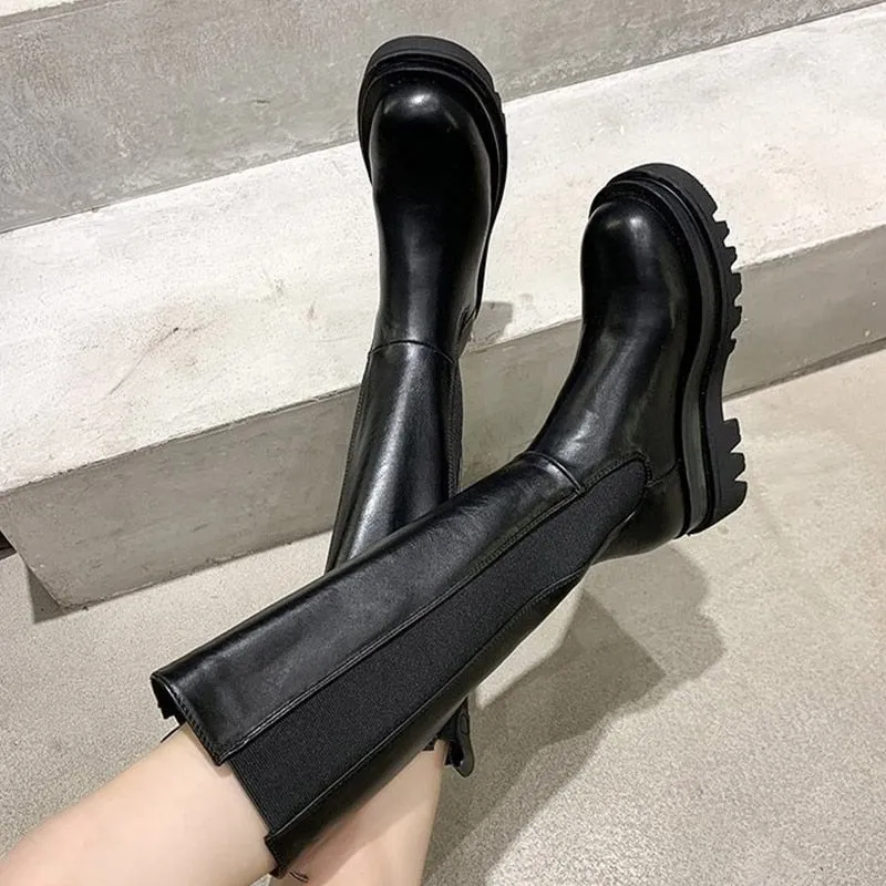 Amozae-Women Long Boots Knee high Shoes Chunky Heels Autumn Winter Brand Designer Chelsea Platform Boots Fashion Ladies Footwear 2024