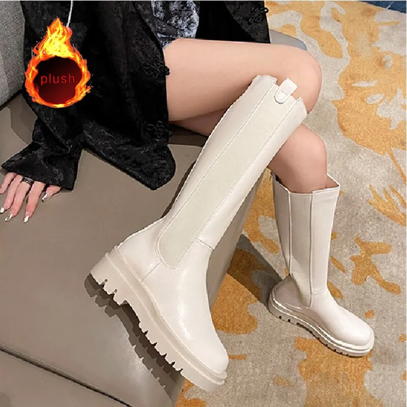 Amozae-Women Long Boots Knee high Shoes Chunky Heels Autumn Winter Brand Designer Chelsea Platform Boots Fashion Ladies Footwear 2024