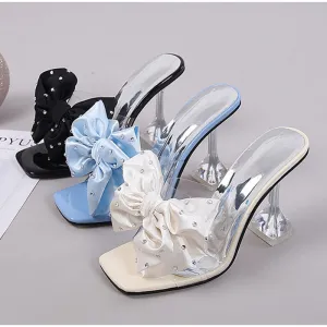 Amozae-Women Slippers High Heels Bowknot Plus Size Woman Sandals Summer Shoes PU Fashion Ladies Plus Size Elegant Footwear 2024