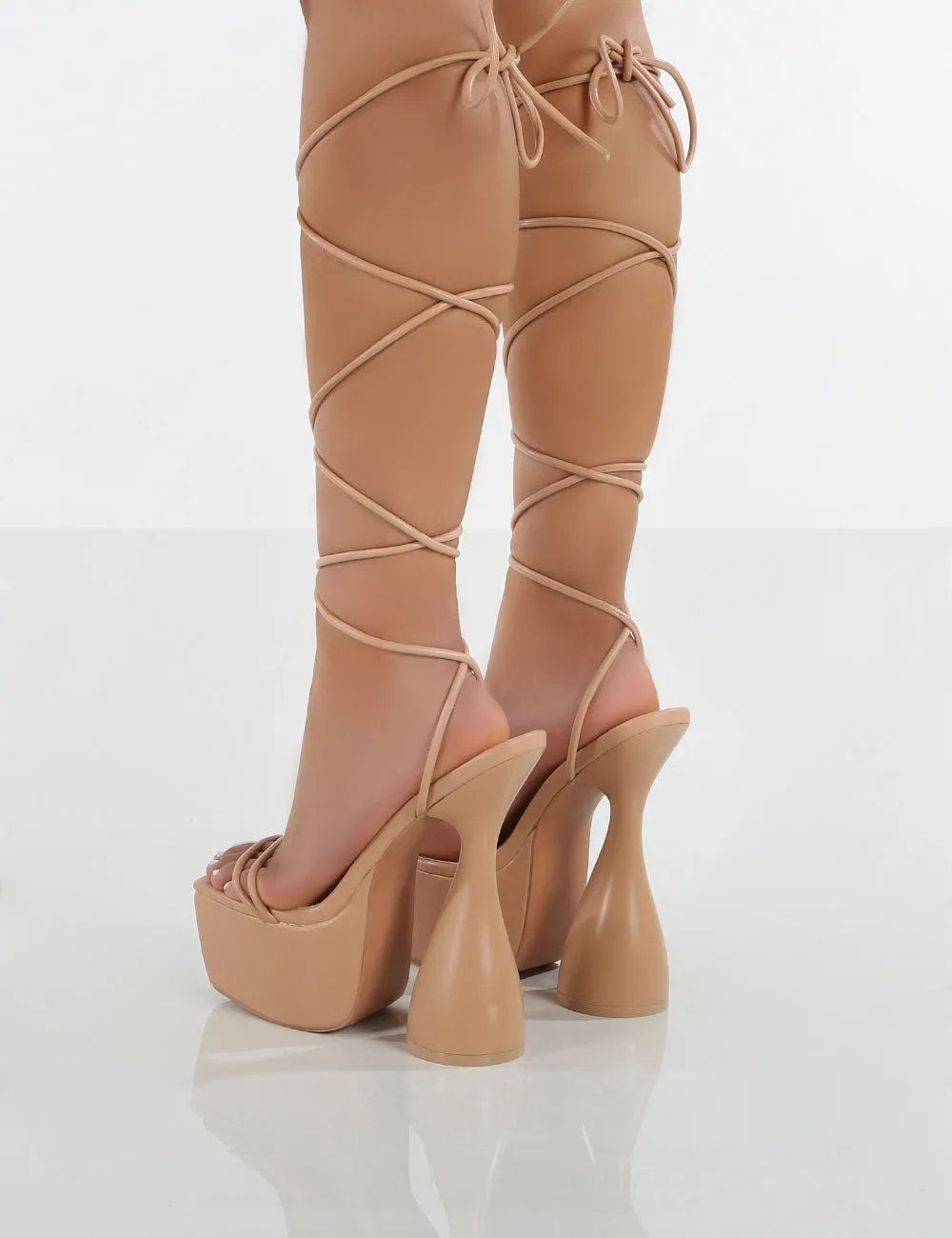 Anabele Nude Pu Lace Up Cylinder Platform Heels