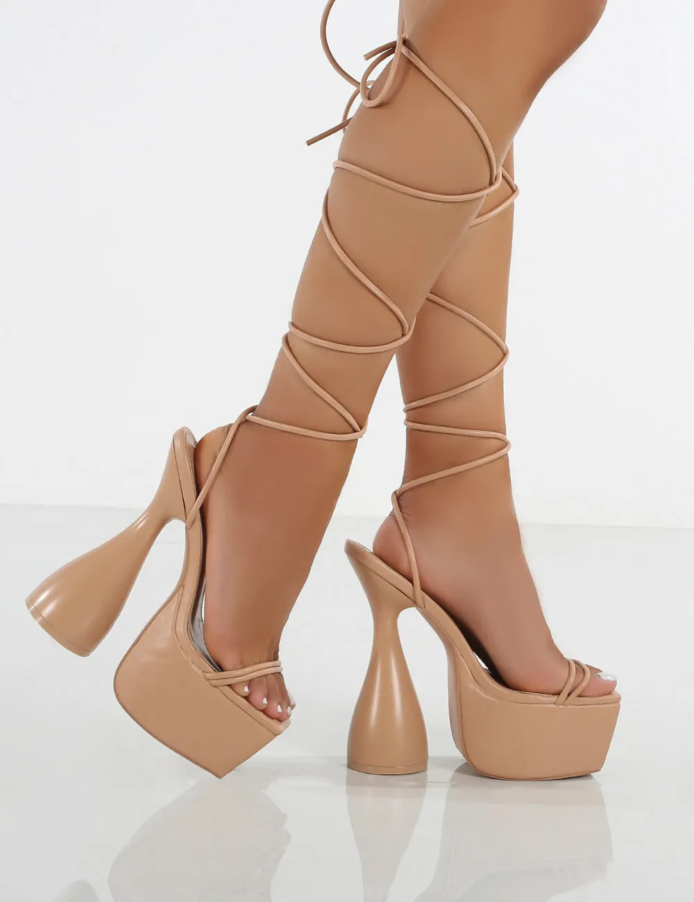 Anabele Nude Pu Lace Up Cylinder Platform Heels