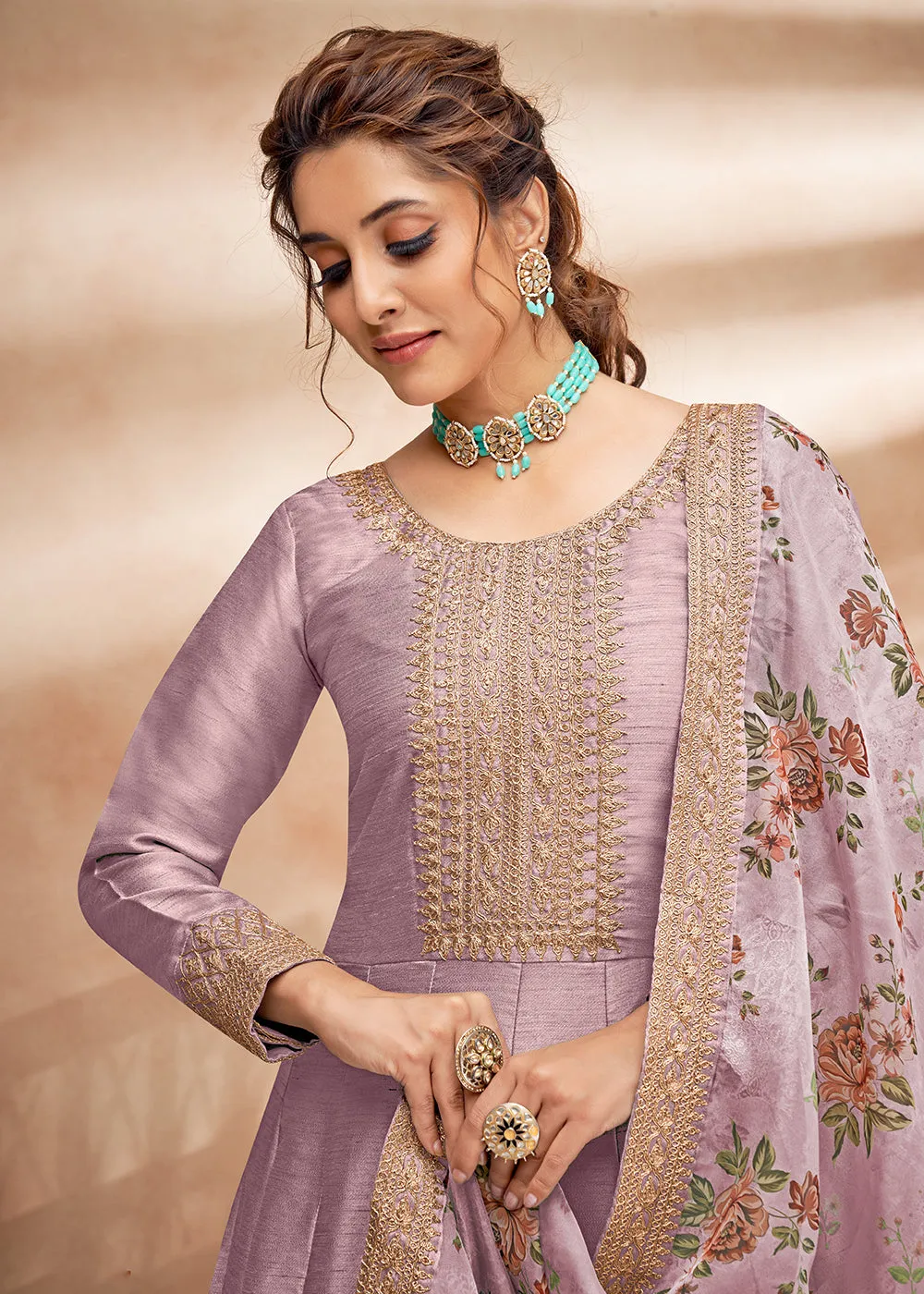 Appealing Mauve Art Silk Embellished Wedding & Party Wear Anarkali