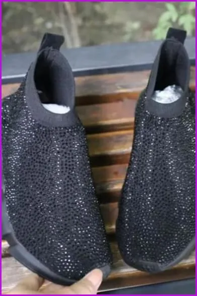 Black Rhinestone Crystal Sock Boots Sneakers F175