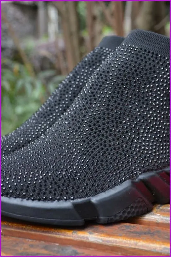 Black Rhinestone Crystal Sock Boots Sneakers F175