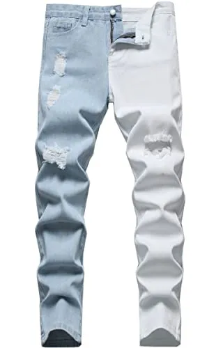 Boy's Ripped Distressed Straight Leg Contrast Color(Grey & White) Casual Jeans Pants for Kids,L0111,14