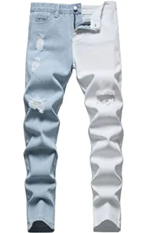 Boy's Ripped Distressed Straight Leg Contrast Color(Grey & White) Casual Jeans Pants for Kids,L0111,14