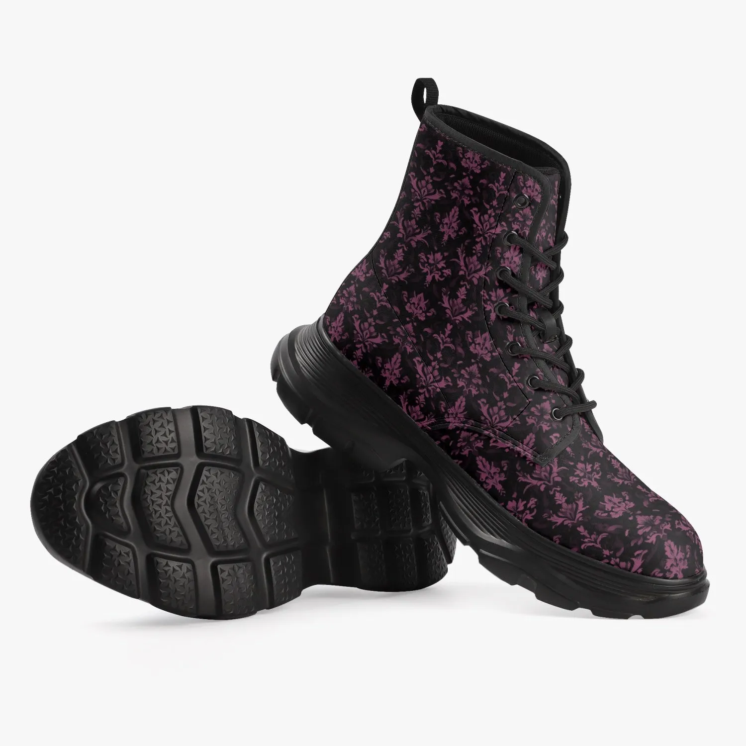 Burgundy Chunky Leather Boots, Maroon Damask Lace Up Shoes Hiking Women Men Female Festival Black Ankle Combat Work Winter Casual Waterproof