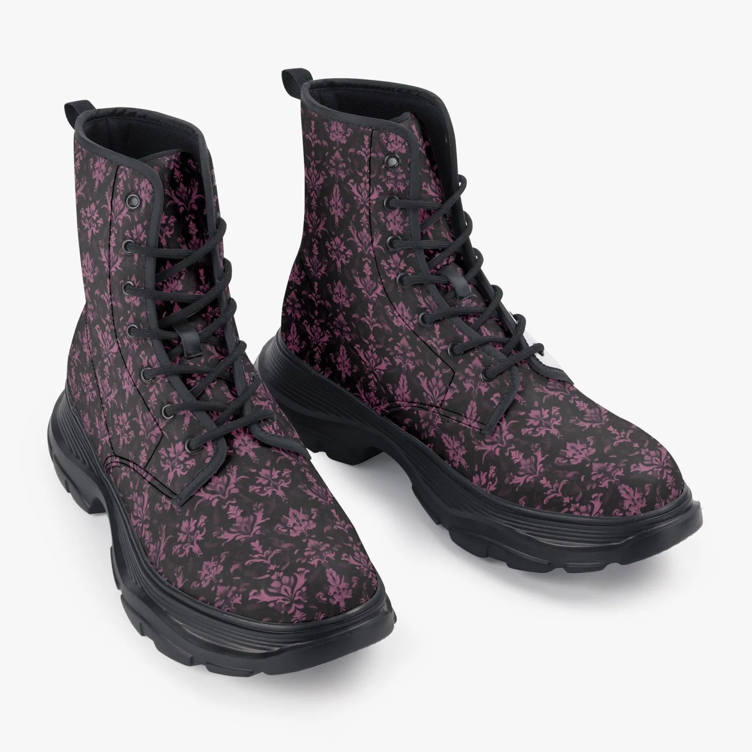 Burgundy Chunky Leather Boots, Maroon Damask Lace Up Shoes Hiking Women Men Female Festival Black Ankle Combat Work Winter Casual Waterproof