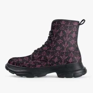 Burgundy Chunky Leather Boots, Maroon Damask Lace Up Shoes Hiking Women Men Female Festival Black Ankle Combat Work Winter Casual Waterproof