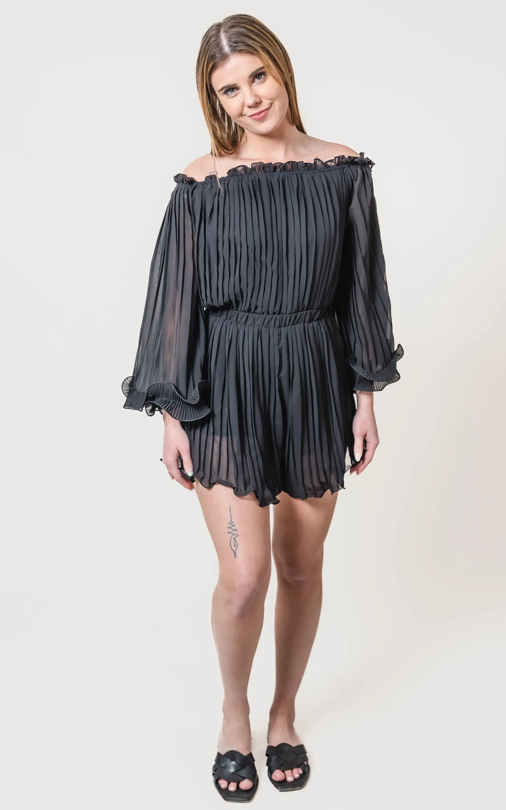 Chiffon Pleated Ruffle Detail Romper - Final Sale