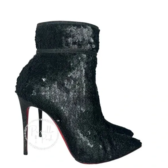 Christian Louboutin Moulakate Black Sequin Glitter Pointed Toe Ankle Boots 37.5