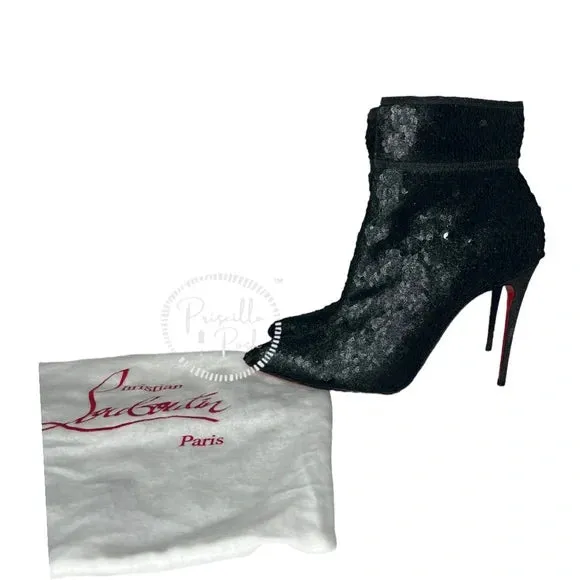 Christian Louboutin Moulakate Black Sequin Glitter Pointed Toe Ankle Boots 37.5