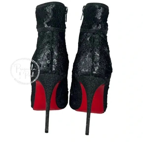 Christian Louboutin Moulakate Black Sequin Glitter Pointed Toe Ankle Boots 37.5