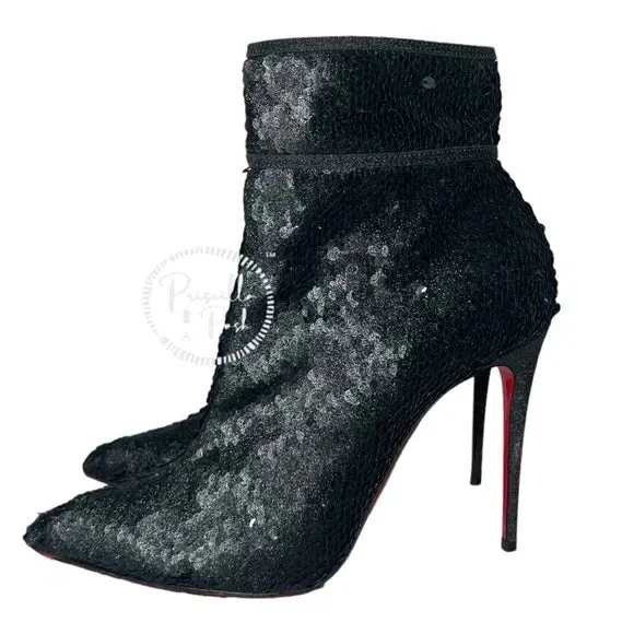 Christian Louboutin Moulakate Black Sequin Glitter Pointed Toe Ankle Boots 37.5