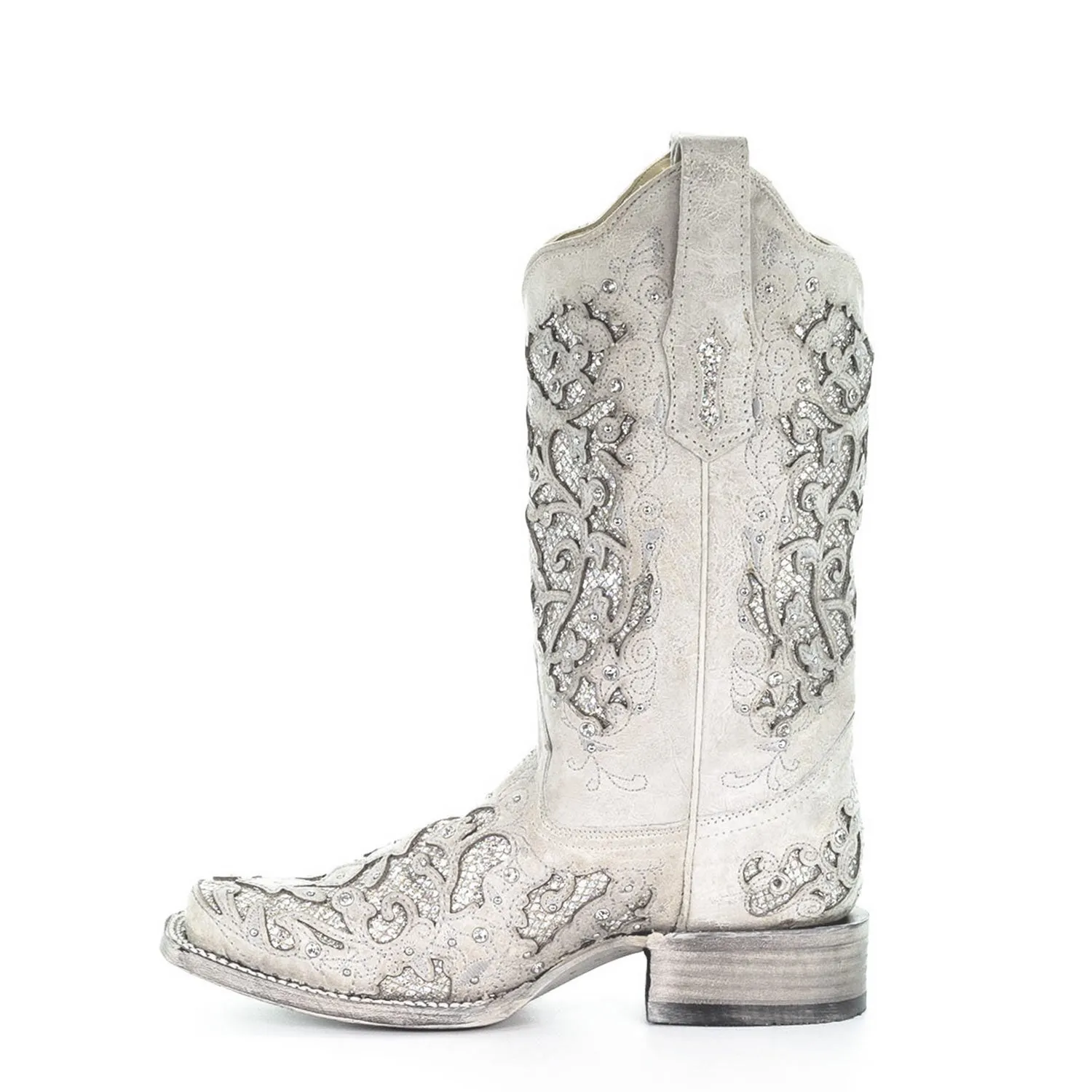 Corral | Glitter Inlay Studs & Crystals | SQ. Toe | White