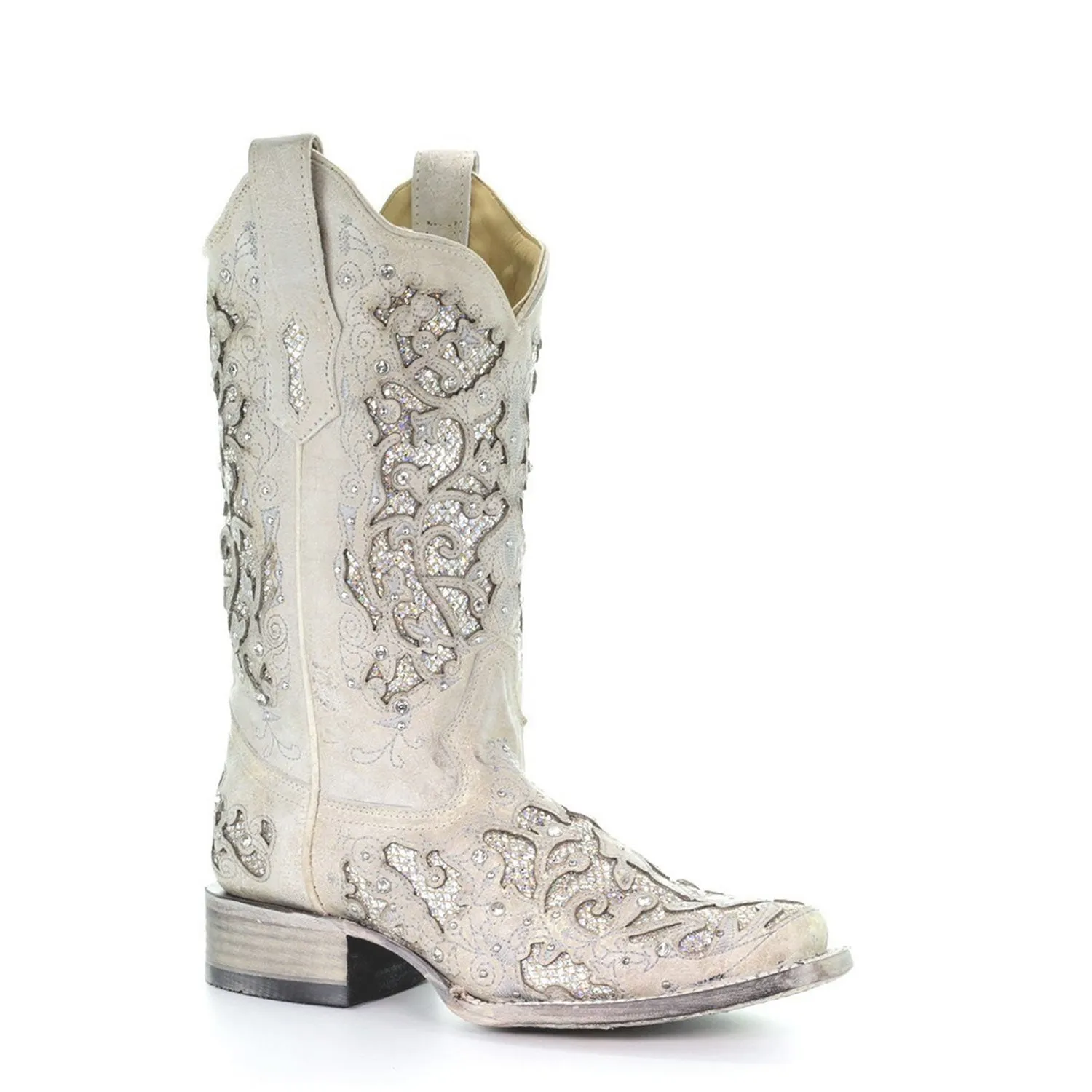 Corral | Glitter Inlay Studs & Crystals | SQ. Toe | White