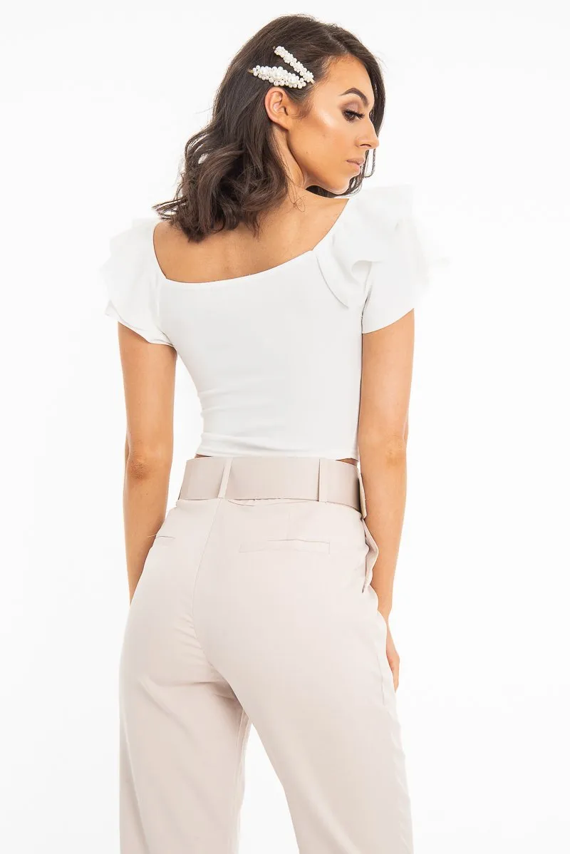 Cream Cold Shoulder Lace Up Bardot Crop Top - Kenndra