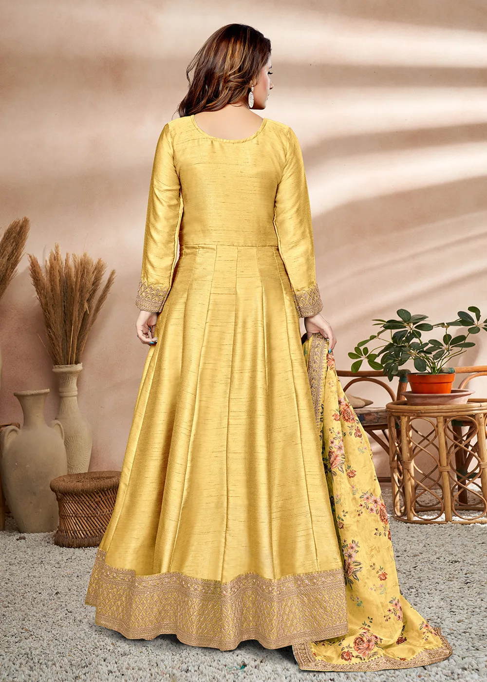 Cute Yellow Art Silk Embellished Wedding & Party Wear Anarkali