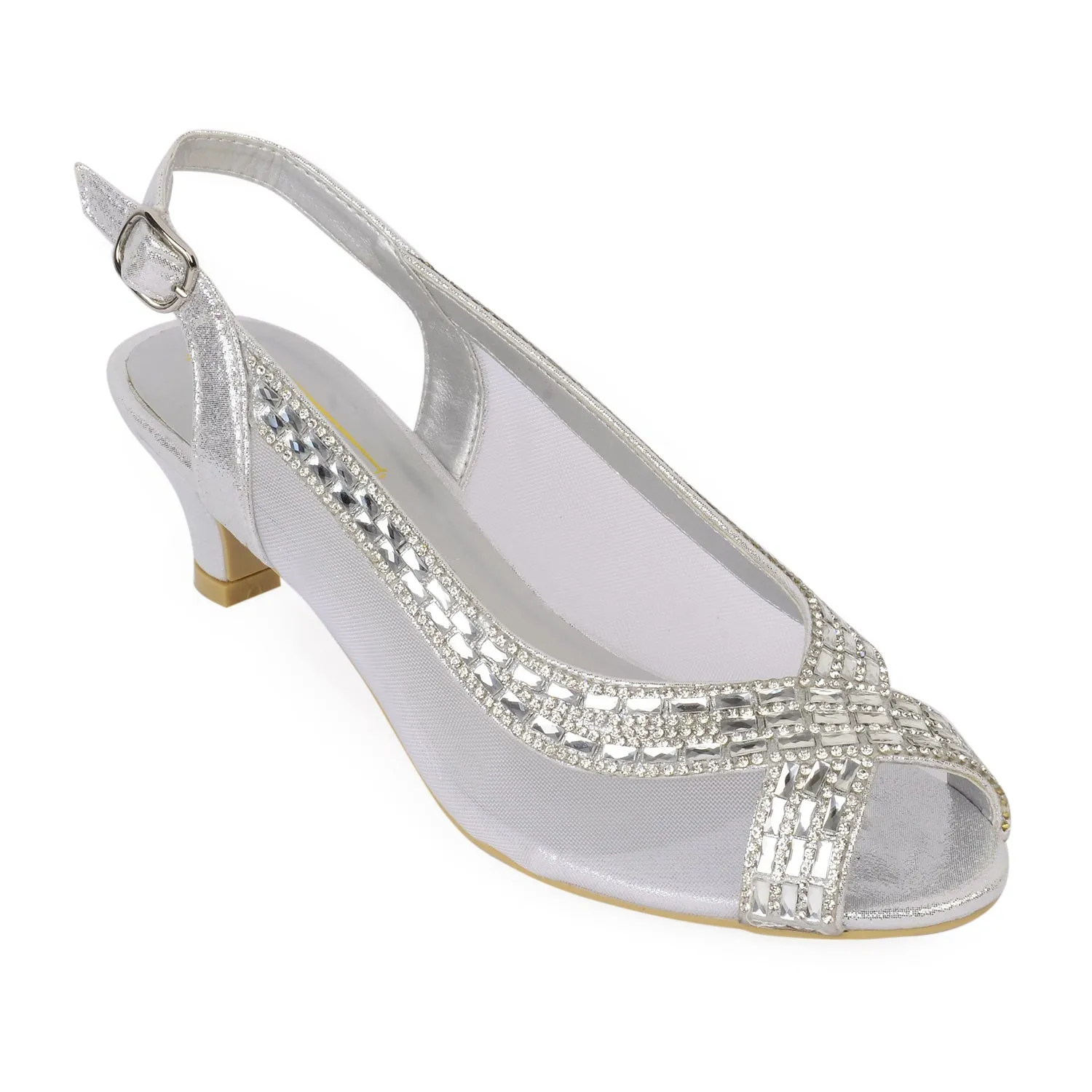 Diamonte Silver Crosover Kitten Heels.