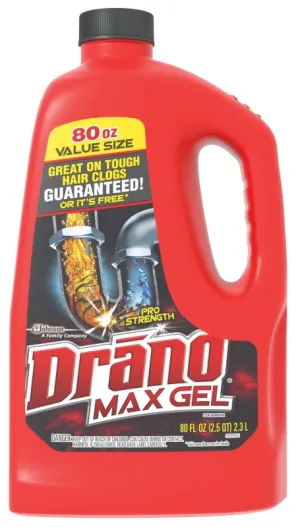 Drano Max Gel 40109 Clog Remover, Gel, Natural, Bleach, 80 oz Bottle :EA: QUANTITY: 1