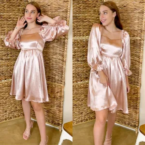 Feeling Fine Satin Babydoll Dress with 3/4 Sleeves in Blush Pink