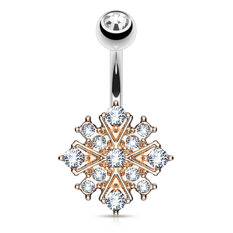 Gem Stacked Snowflake Belly Bar with Rose Gold Plating