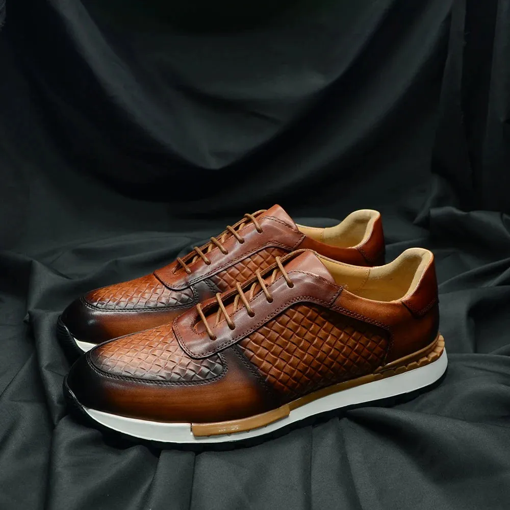 Genuine Leather Plaid Weave Pattern Sneakers