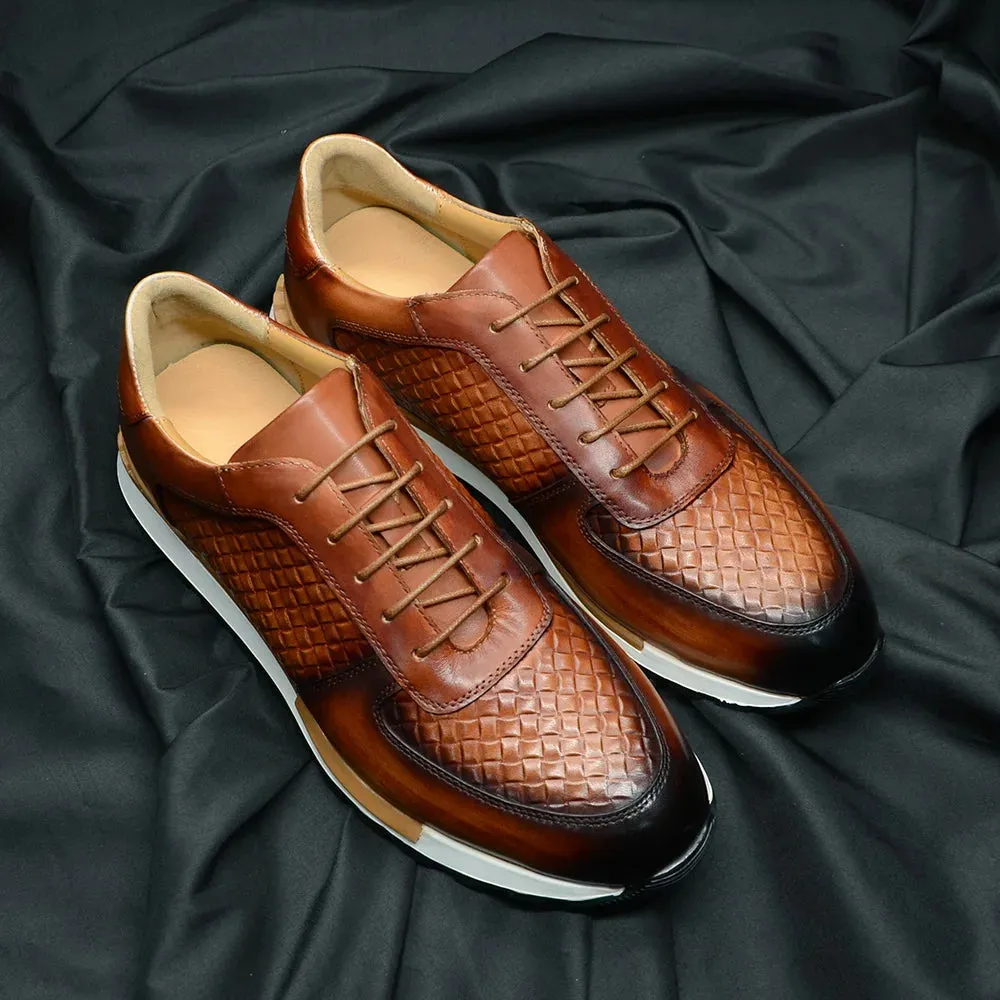 Genuine Leather Plaid Weave Pattern Sneakers