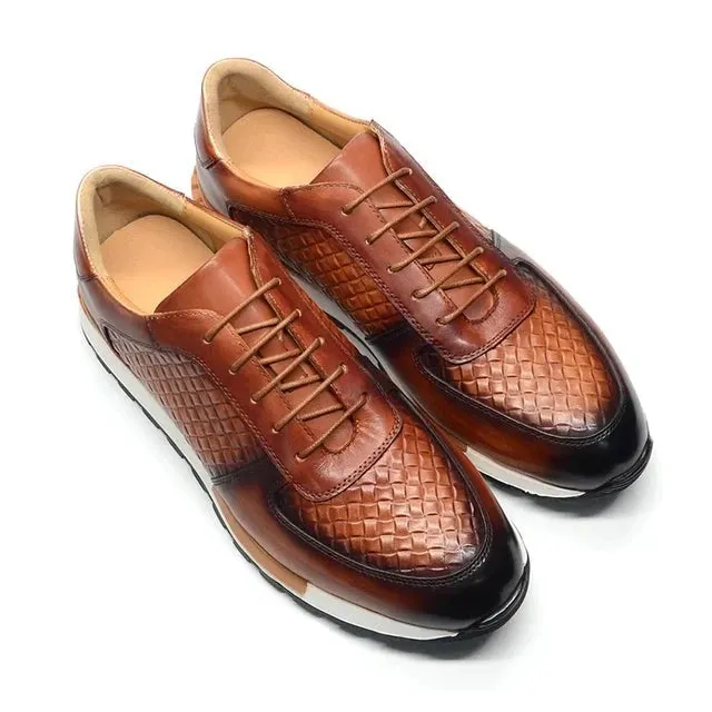 Genuine Leather Plaid Weave Pattern Sneakers