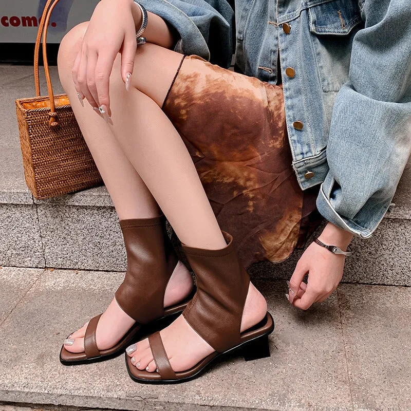 Gladiator Sandals Boots Cow Leather Block Heel in Black/Brown