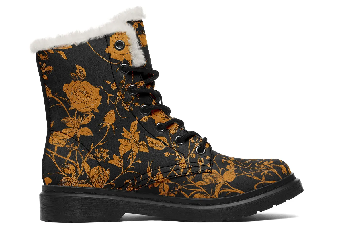 Golden Rose Romance Winter Boots - Warm Micro-Suede Doc-Style Boots Lined with Vegan Wool