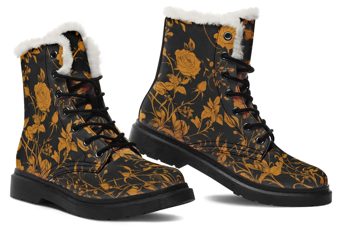 Golden Rose Romance Winter Boots - Warm Micro-Suede Doc-Style Boots Lined with Vegan Wool