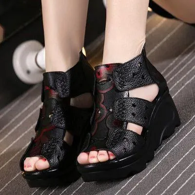 GRCL0254 Women's Handmade Leather Wedges Casual Shoes Sandals