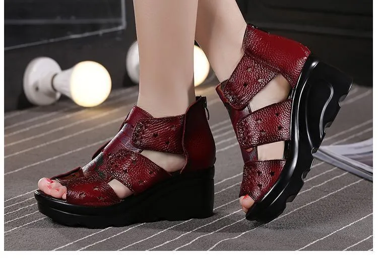 GRCL0254 Women's Handmade Leather Wedges Casual Shoes Sandals