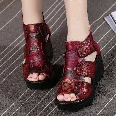 GRCL0254 Women's Handmade Leather Wedges Casual Shoes Sandals