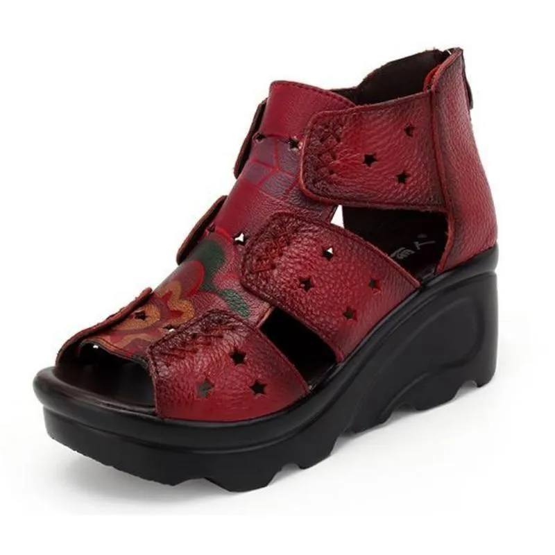 GRCL0254 Women's Handmade Leather Wedges Casual Shoes Sandals