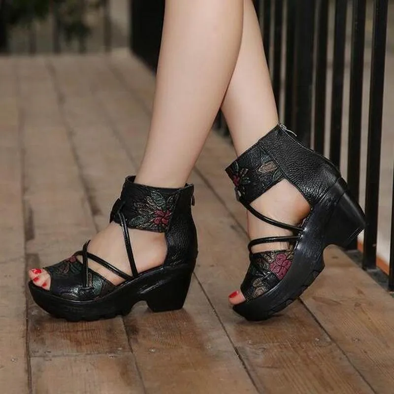 GRCL0425 Women's Handmade Leather Wedges Casual Shoes Sandals