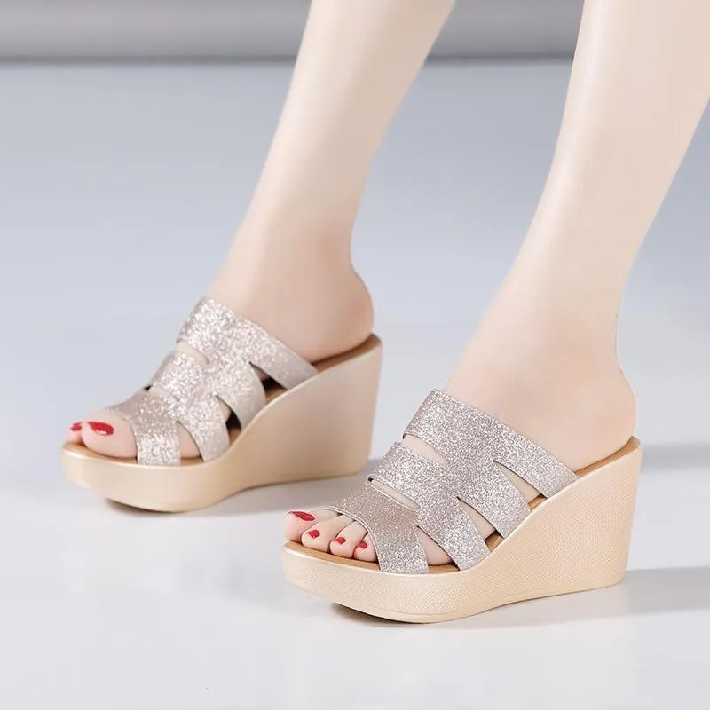 GY320 Woman's Casual Shoes: Gold Bling High Heels Wedges Sandals