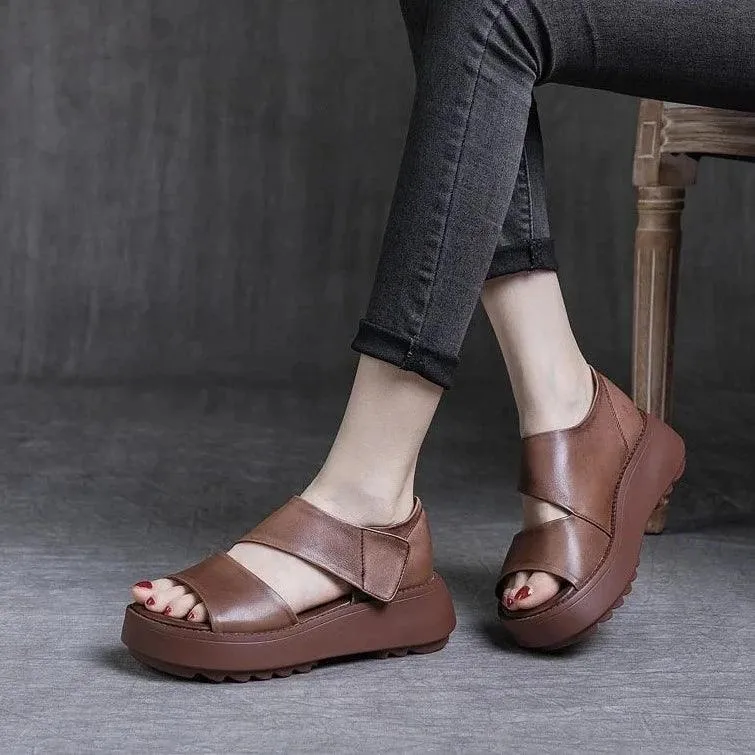 H5806 Women's Casual Shoes: Handmade Leather Wedges Sandals