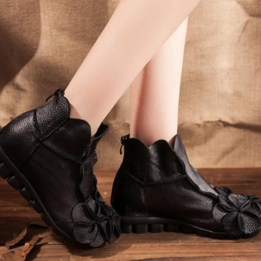 Handmade Flower Shoes Retro Leather Ankle Booties