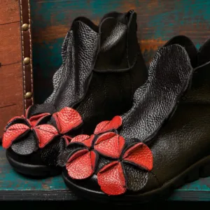 Handmade Flower Shoes Retro Leather Ankle Booties