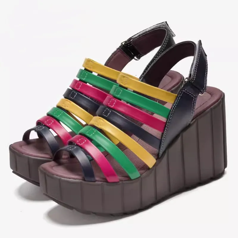 Handmade High Heel Gladiator Sandals Peep Toe 90mm Wedges in Black/Green/Rainbow