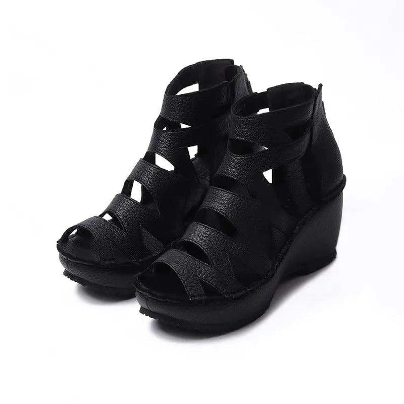 Handmade Leather Gladiator Sandals Retro Peep Toe Wedges in Black/Grey