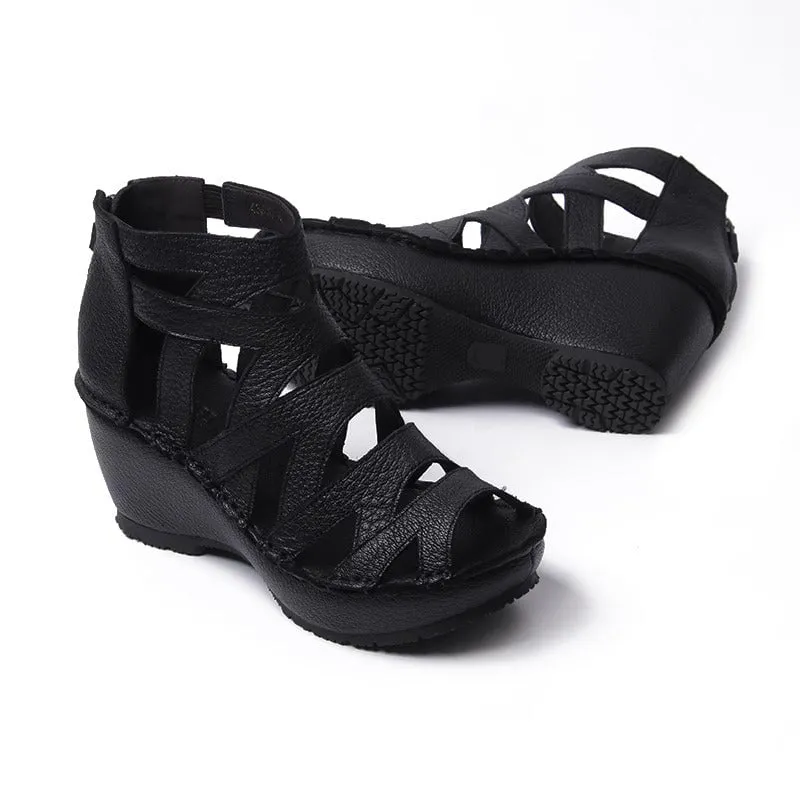 Handmade Leather Gladiator Sandals Retro Peep Toe Wedges in Black/Grey